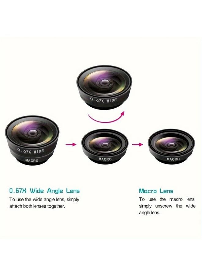 Black 3 In 1 Fish Eye Wide Angle Microscope Lens With Phone Holder For iPhone Xiaomi - Image 2